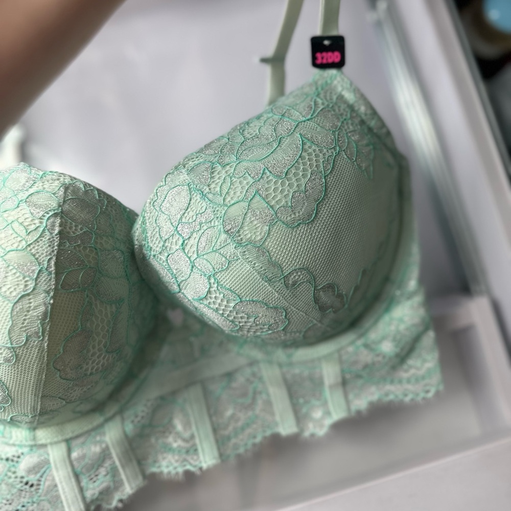 LA SENZA Beyond Sexy Plunge Push Up Mint Lace Bra NWT 32DD